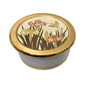 The Art of Chokin Trinket Box Dish 24 kt Gold Trim Hummingbird & Flowers‎  Japan